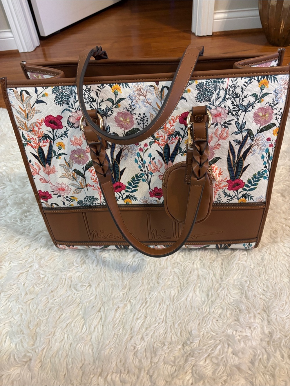 Nicole Miller Floral Canvas Tote with Brown Trim. Brand new without tags!